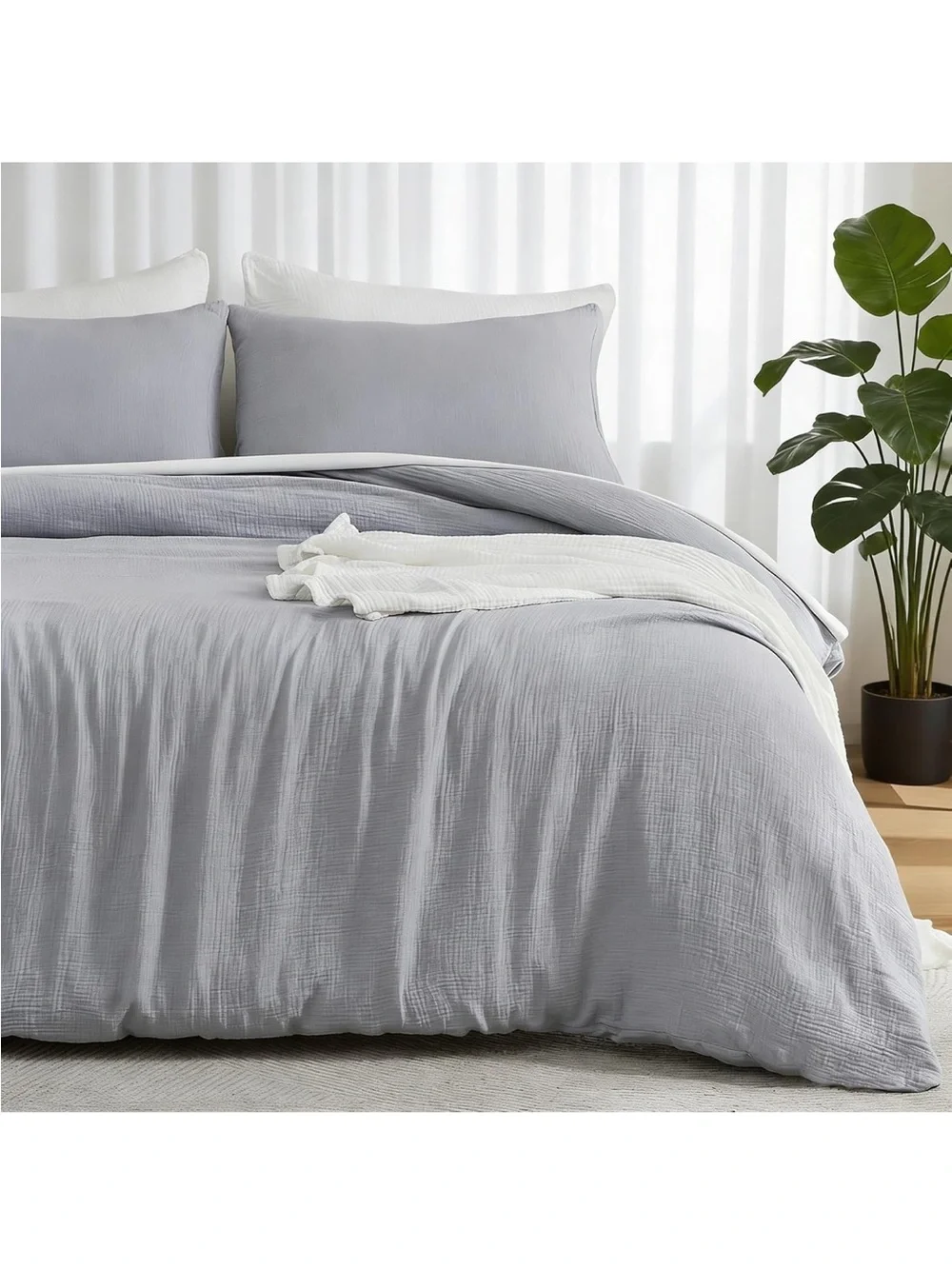 NEW EMME Muslin Cotton Duvet Cover Set Lt Grey. Linen Like Soft Breathable.